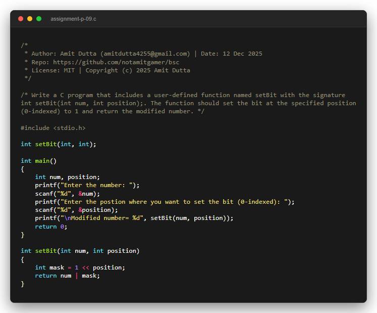 Write a C program that includes a user-defined function named setBit with the signature int setBit(int num, int position);. The function should set the bit at the specified position (0-indexed) to 1 and return the modified number.